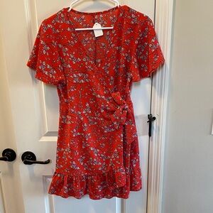 Red Floral Wrap Dress with Ruffle Hem